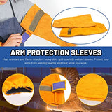 Delantal de cuero  Juego de 3 protectores de trabajo de soldadura, incluye delantal de trabajo de soldadura de cuero, mangas de trabajo de soldadura y guantes de soldadura para soldadores, chimenea, barbacoa, jardinería, Amarillo, as picture shown
