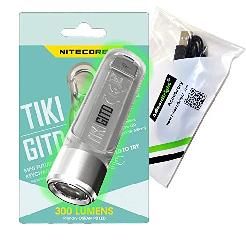 Nitecore TIKI GITD - Linterna recargable con USB, 300 lúmenes, brilla en la oscuridad, con cable de carga USB de la marca EdisonBright