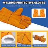 Delantal de cuero  Juego de 3 protectores de trabajo de soldadura, incluye delantal de trabajo de soldadura de cuero, mangas de trabajo de soldadura y guantes de soldadura para soldadores, chimenea, barbacoa, jardinería, Amarillo, as picture shown