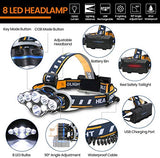 Rabbitstorm Linterna LED Frontal Lámpara Recargable Headlamp, 8 LED Linterna 8 Modos con Cable USB, Impermeable LED Cabeza Linterna Cabeza Luz Roja para Camping, Pesca, Reparación de Coche, Exterior