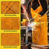 Delantal de cuero 5 fundas de trabajo de soldadura de cuero extra largas de 16 pulgadas, guantes de soldadura y delantal ignífugo y resistente al calor, juego de cuero protector para hombres y mujeres, Marrón, X-Large